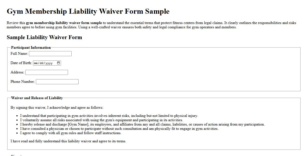 Gym membership liability waiver form sample image preview