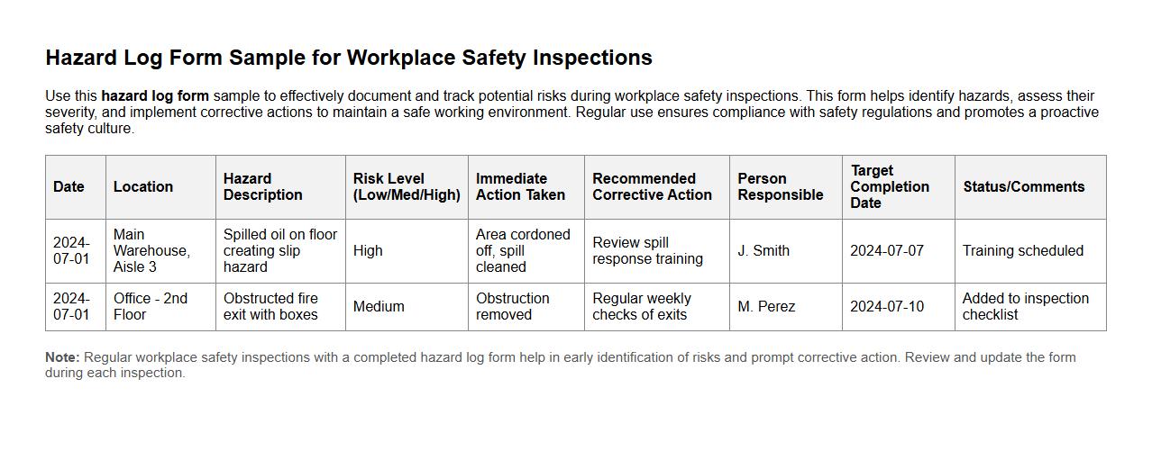 Hazard log form sample for workplace safety inspections image preview