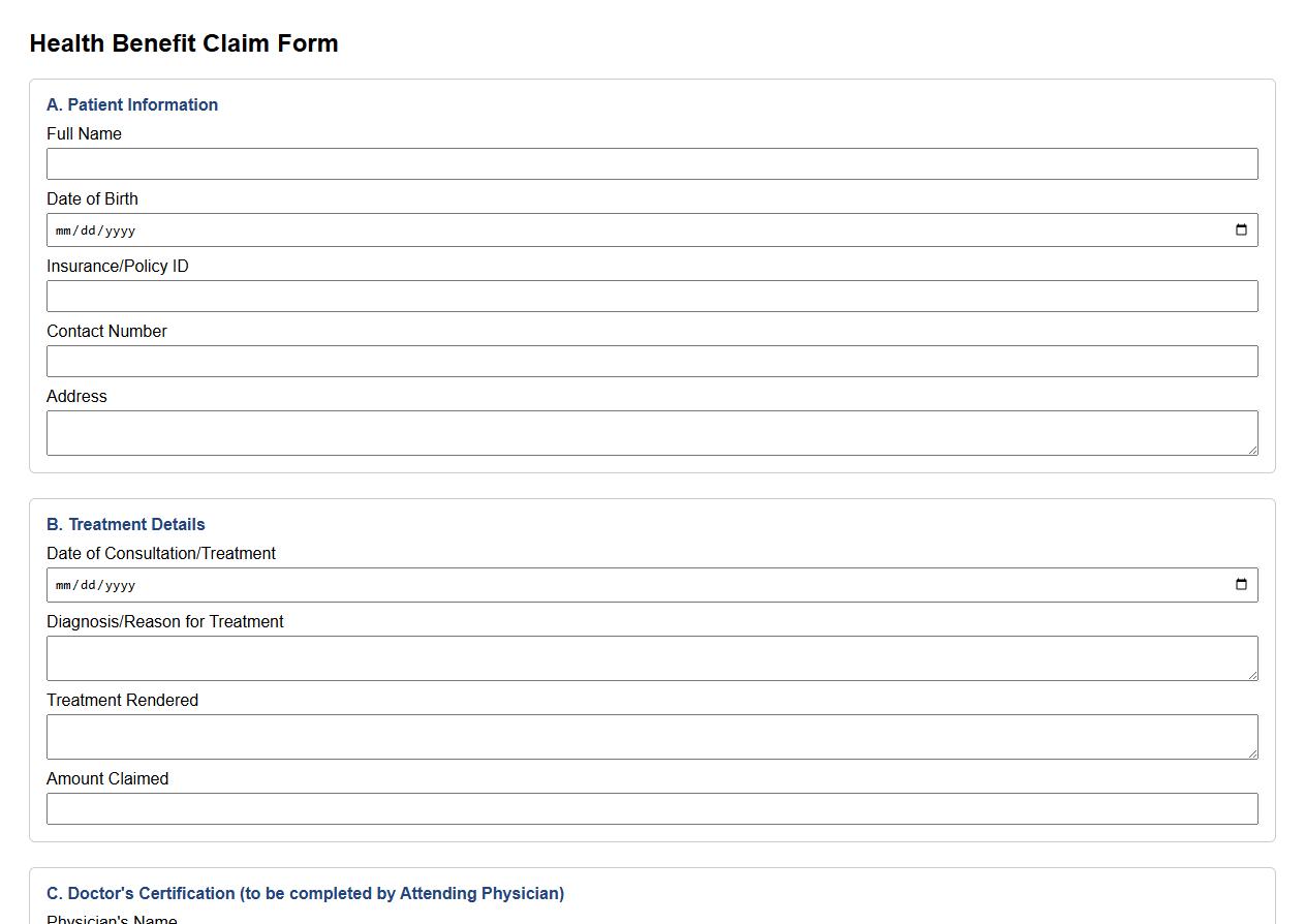 health benefit claim form sample with doctor’s certification section image preview