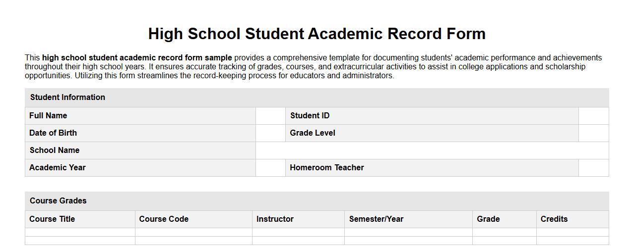 High school student academic record form sample image preview