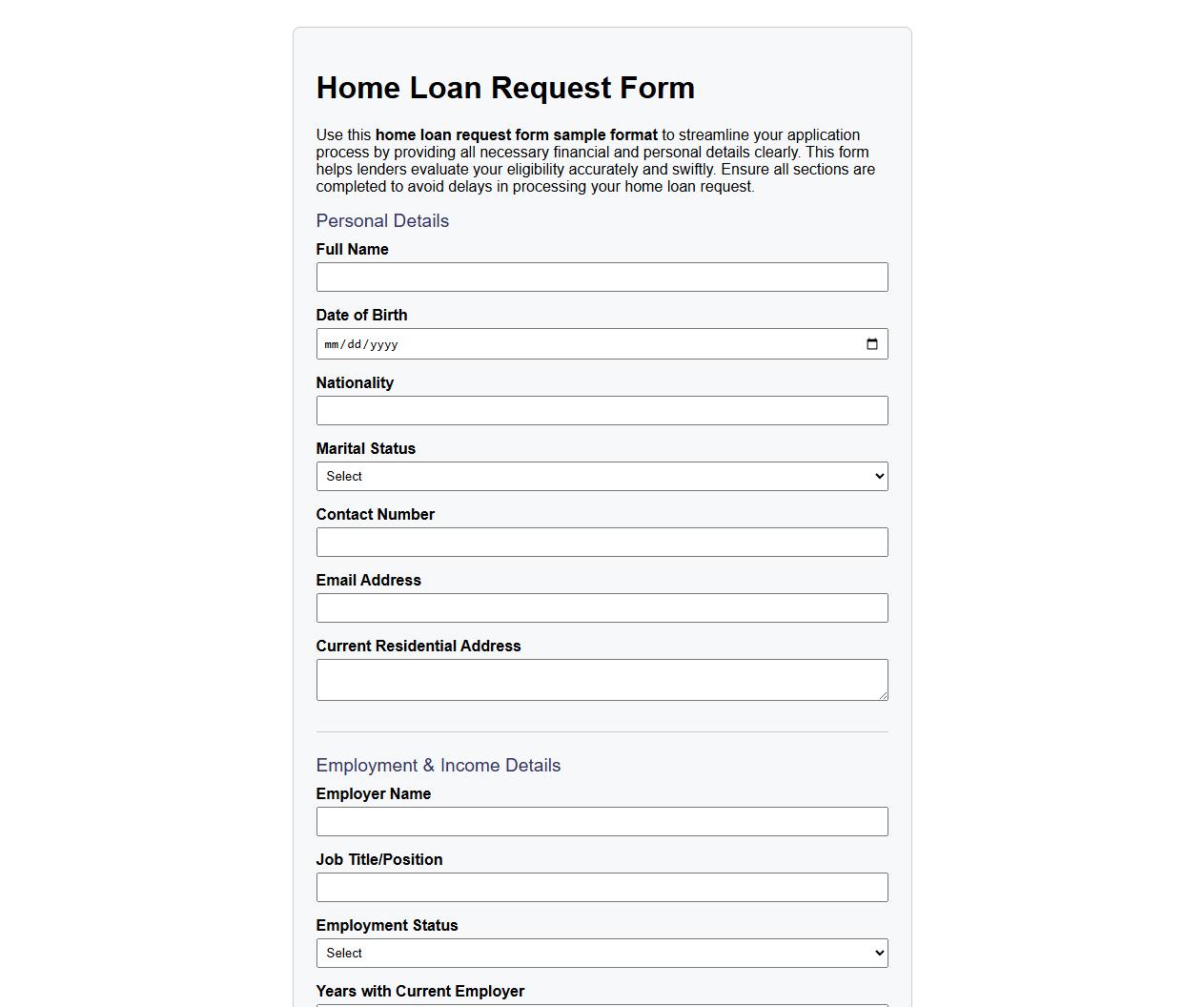 Home loan request form sample format image preview