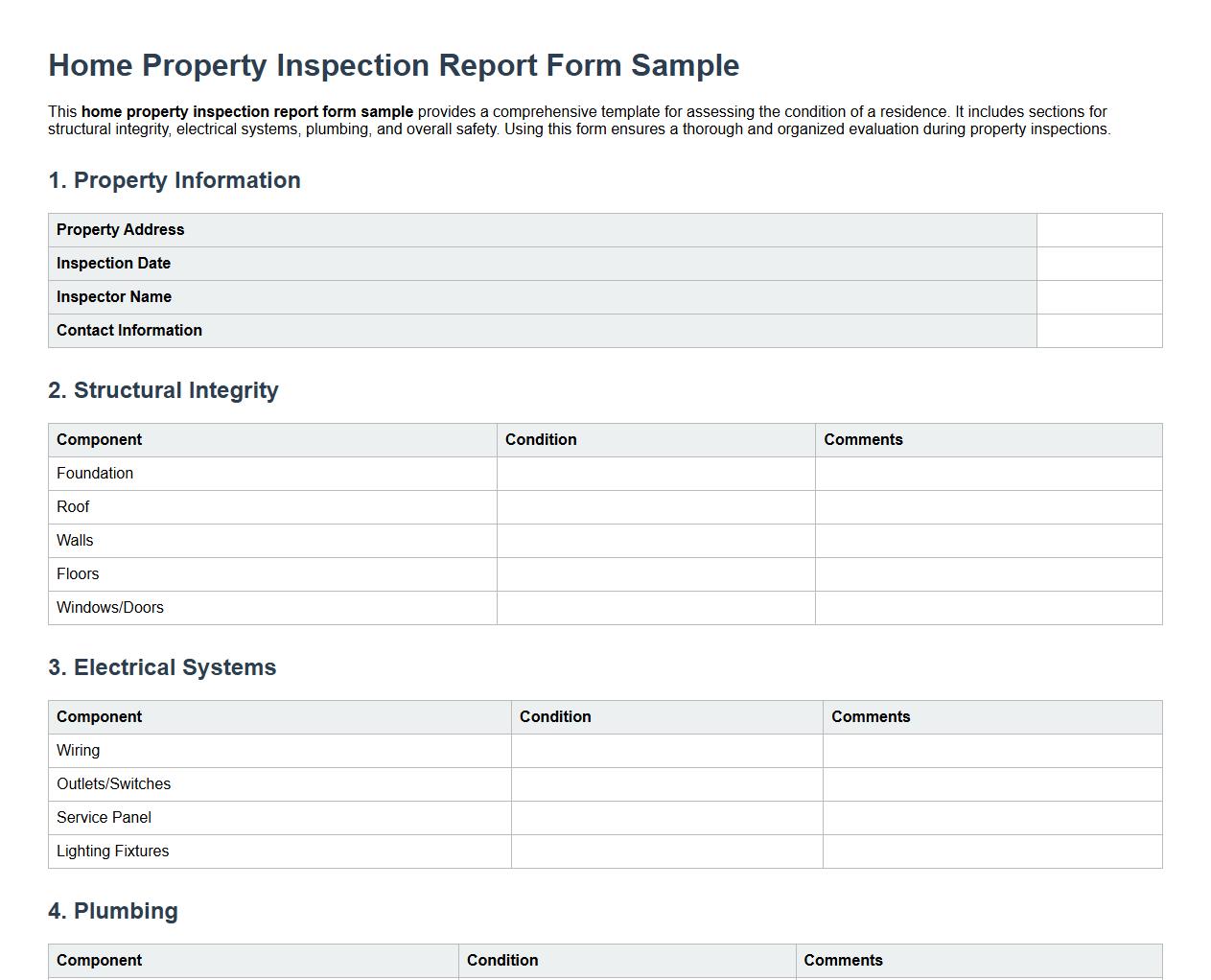 Home property inspection report form sample image preview