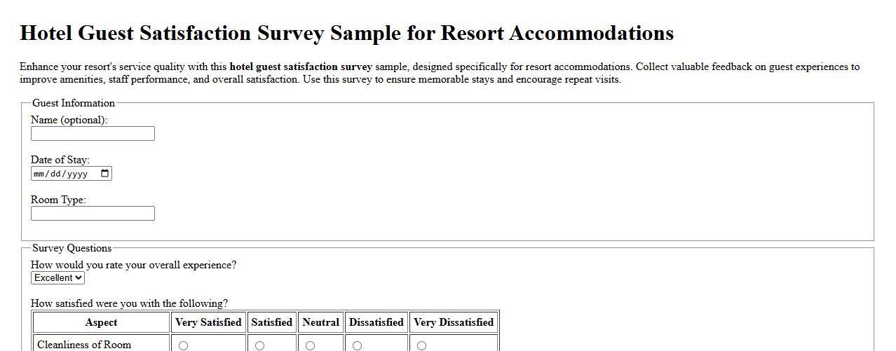 Hotel guest satisfaction survey sample for resort accommodations image preview