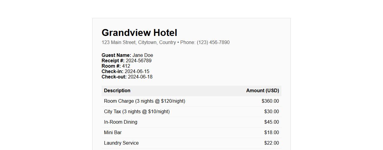 hotel receipt showing incidentals and room charges image preview