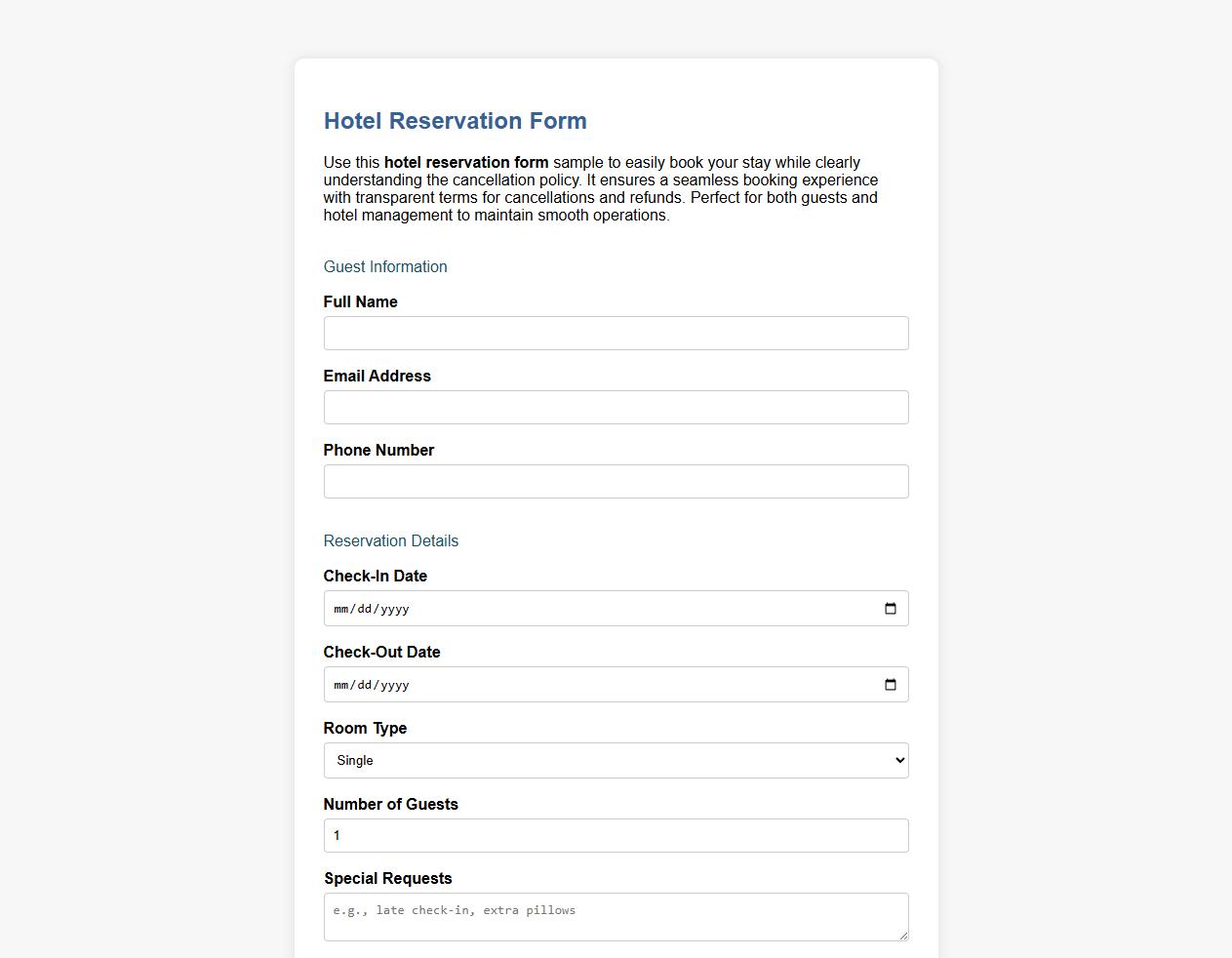 Hotel reservation form sample with cancellation policy image preview