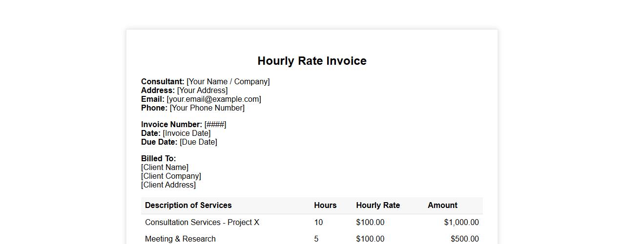 Hourly rate invoice template sample for consultants image preview