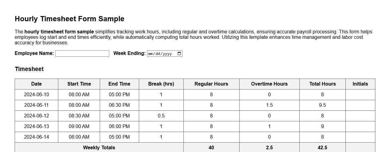 hourly timesheet form sample with overtime calculation image preview
