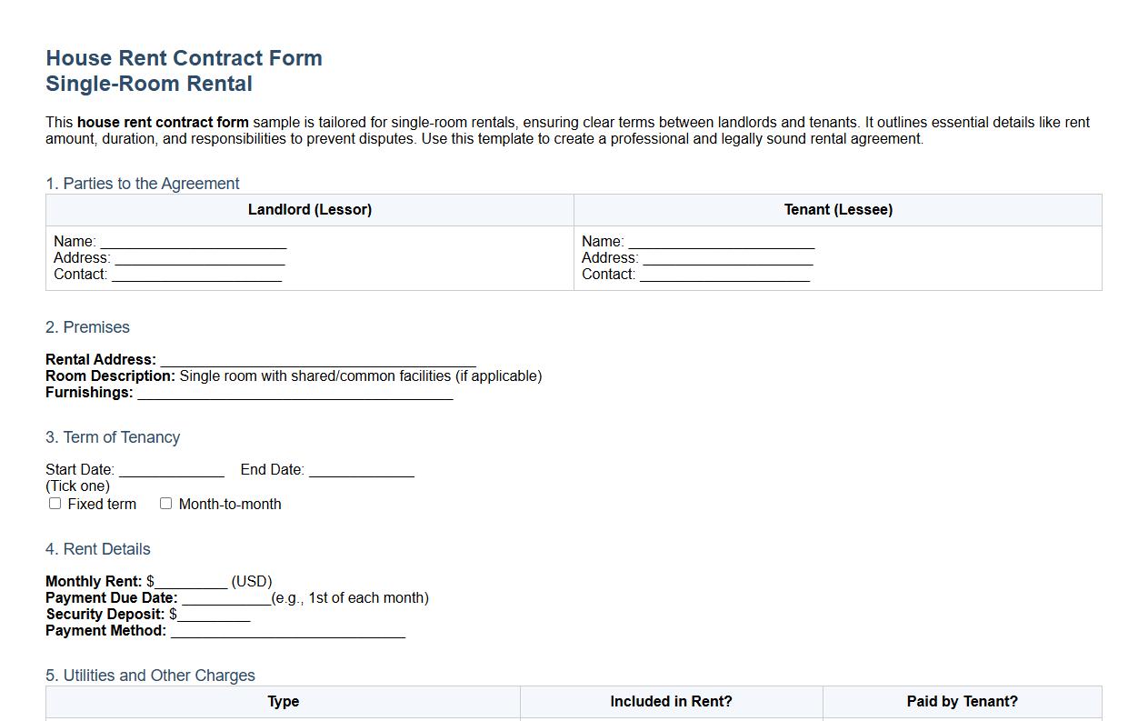 House rent contract form sample for single-room rental image preview