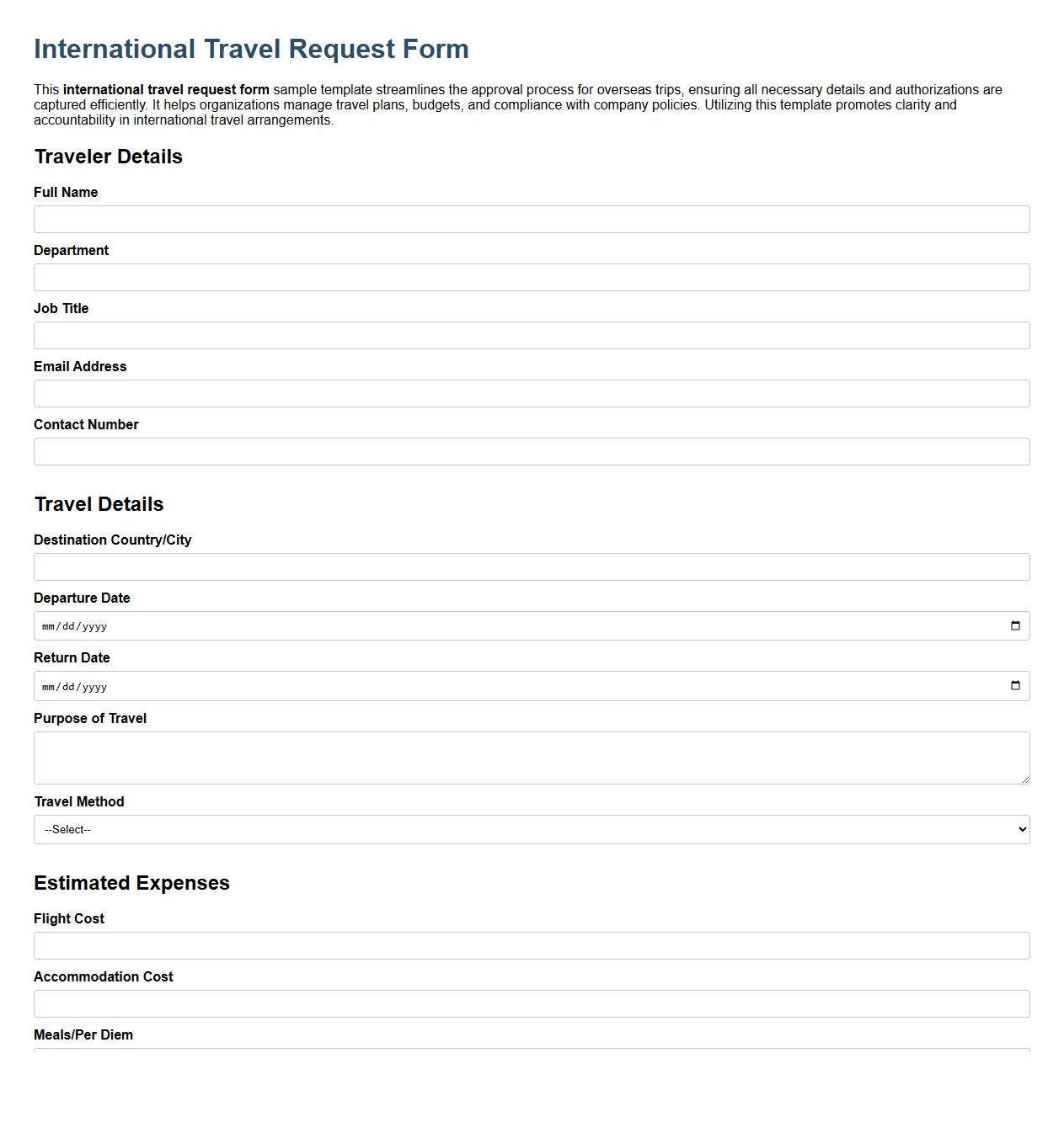 international travel request form sample template image preview