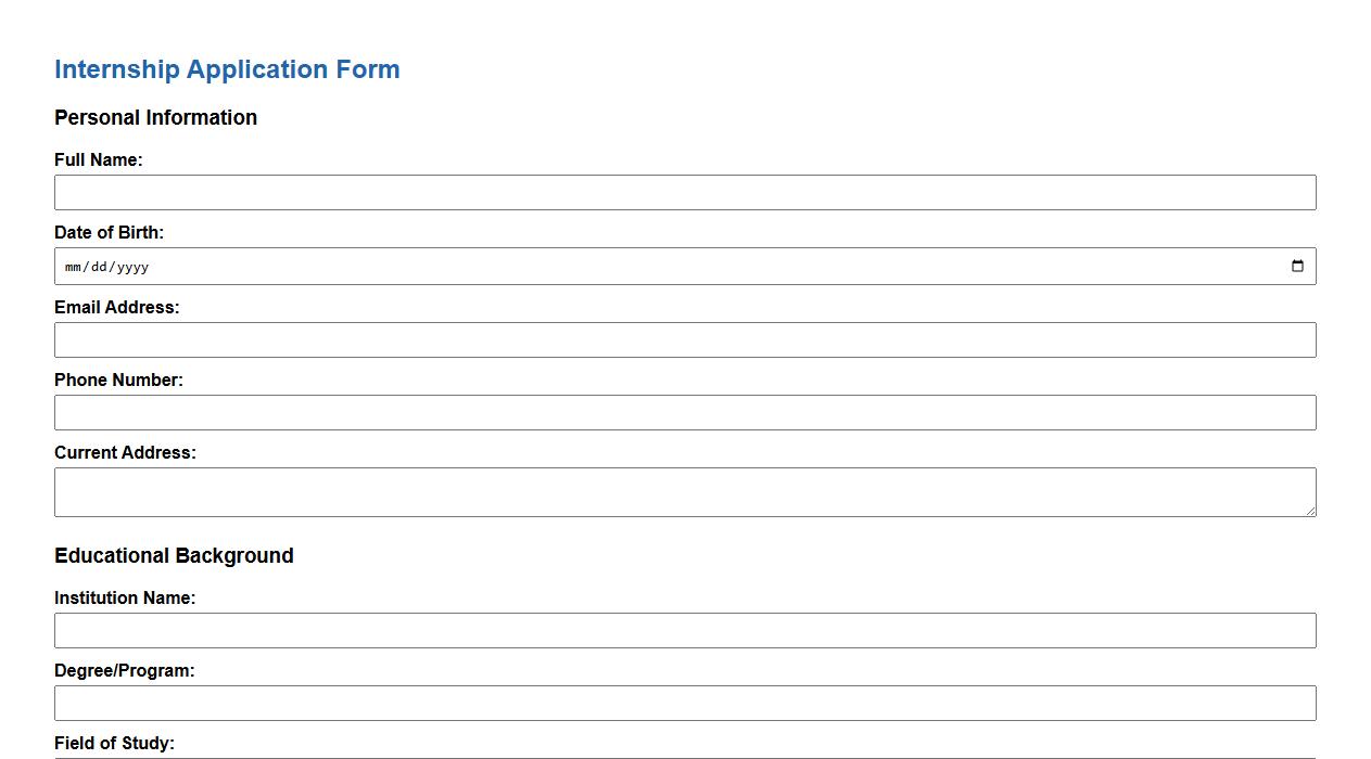 Internship application form sample with references image preview