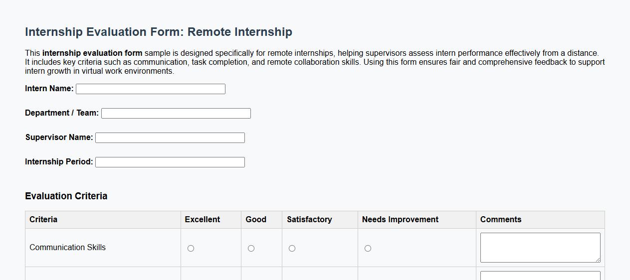 Internship evaluation form sample for remote internships image preview