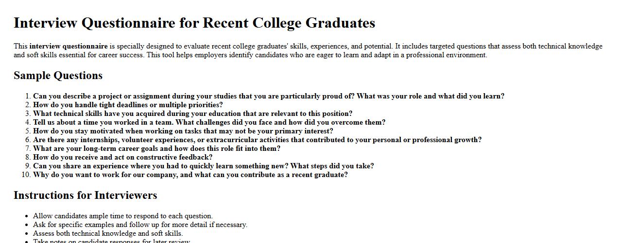 Interview questionnaire for recent college graduates image preview