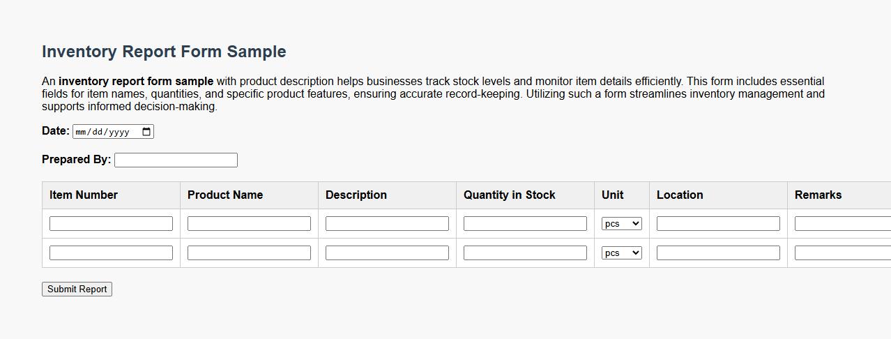 inventory report form sample with product description image preview