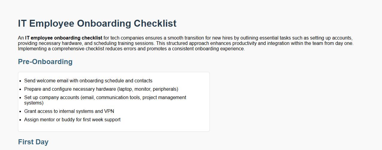 IT employee onboarding checklist for tech companies image preview