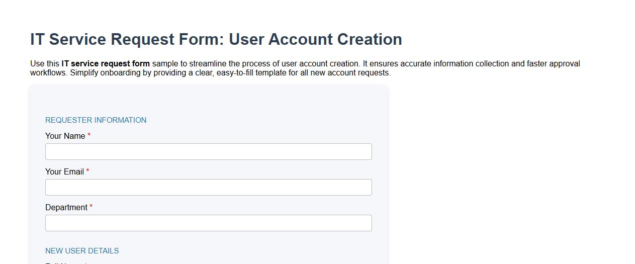 IT service request form sample for user account creation image preview