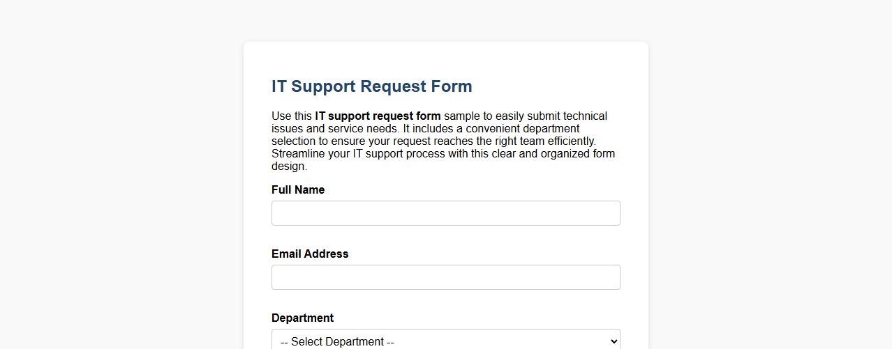 IT support request form sample with department selection image preview