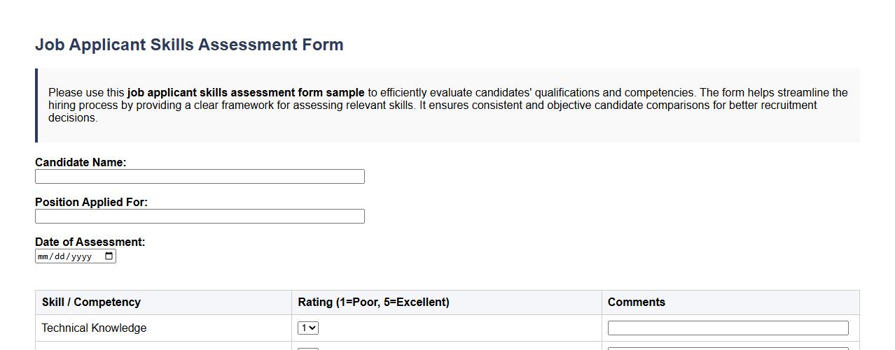 job applicant skills assessment form sample image preview