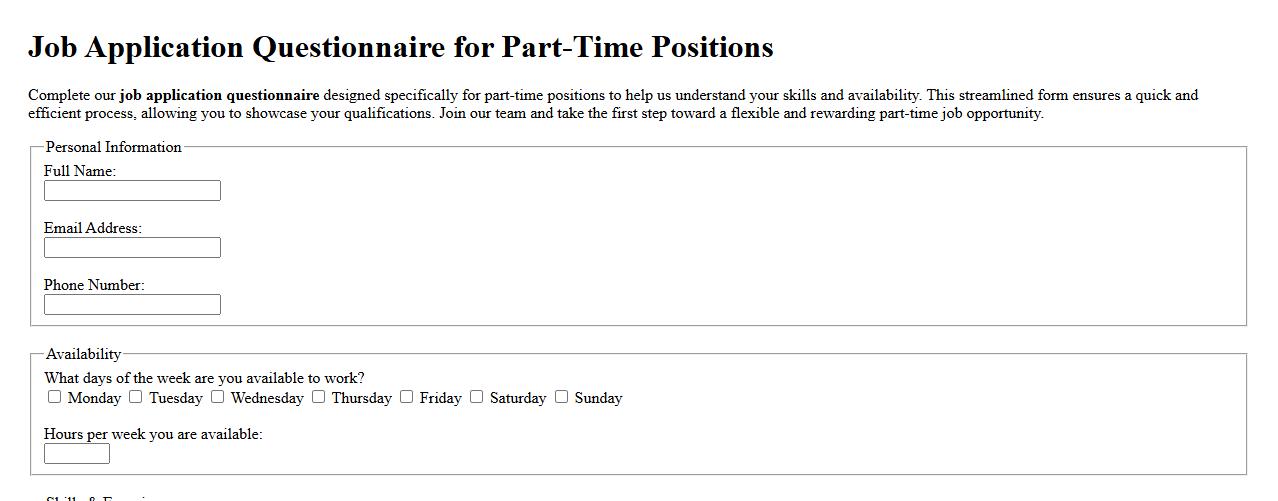 Job application questionnaire for part-time positions image preview