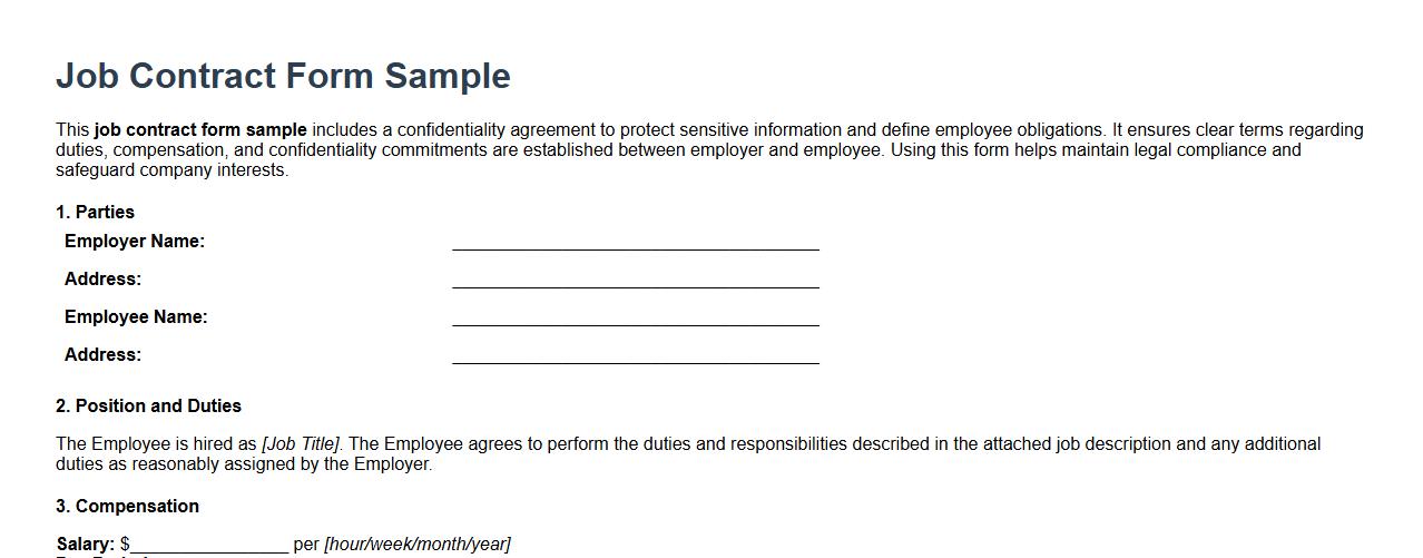 Job contract form sample including confidentiality agreement image preview