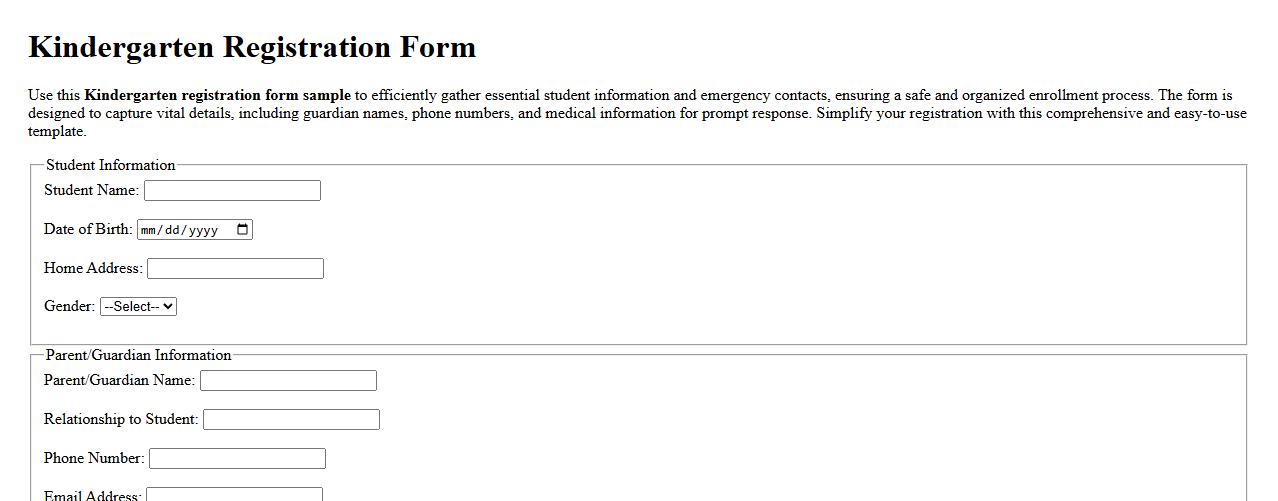 Kindergarten registration form sample with emergency contacts image preview