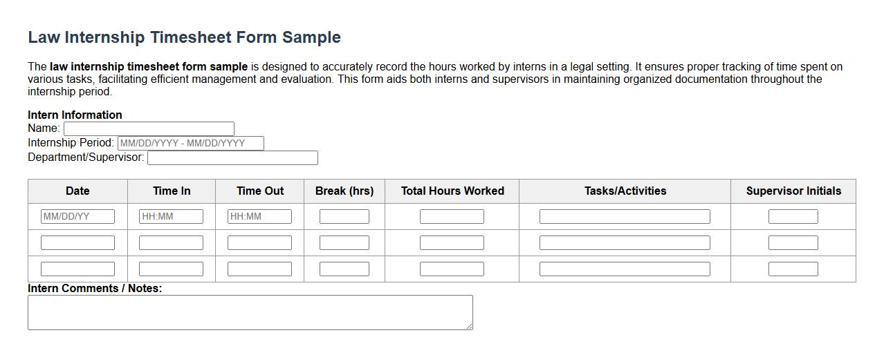 law internship timesheet form sample image preview