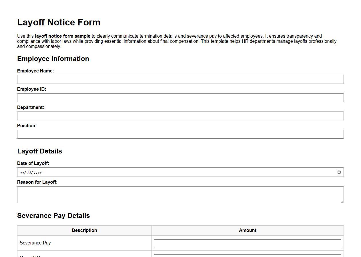 Layoff notice form sample with severance pay details image preview