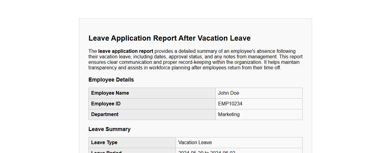 Leave application report after vacation leave image preview