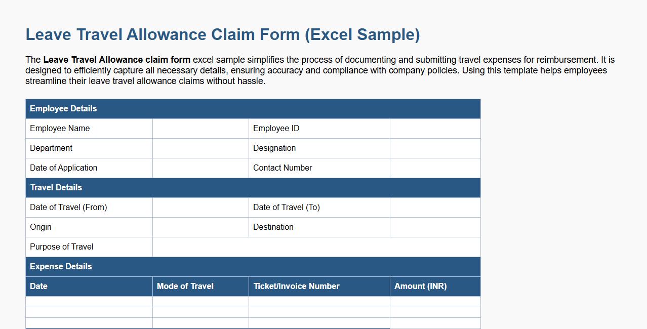 leave travel allowance claim form excel sample image preview