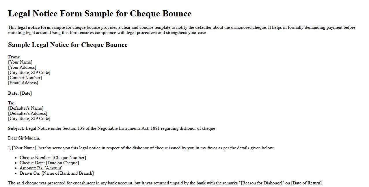 Legal notice form sample for cheque bounce image preview