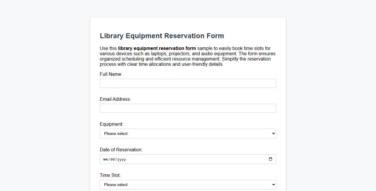 Library equipment reservation form sample with time slots image preview
