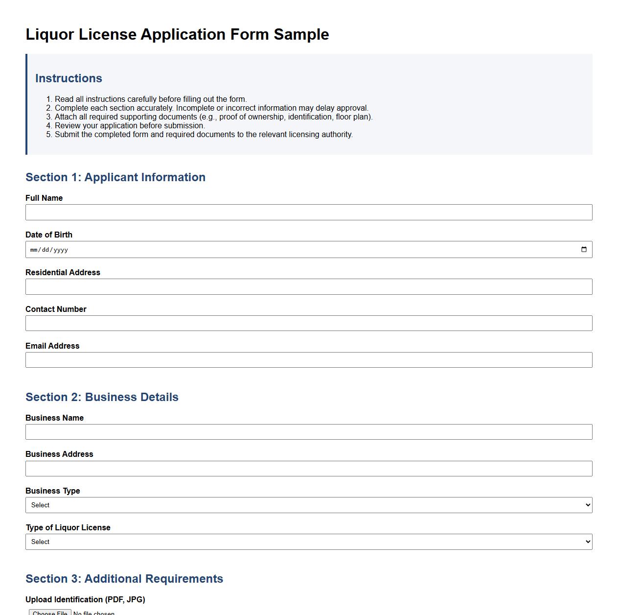 Liquor license application form sample with instructions image preview