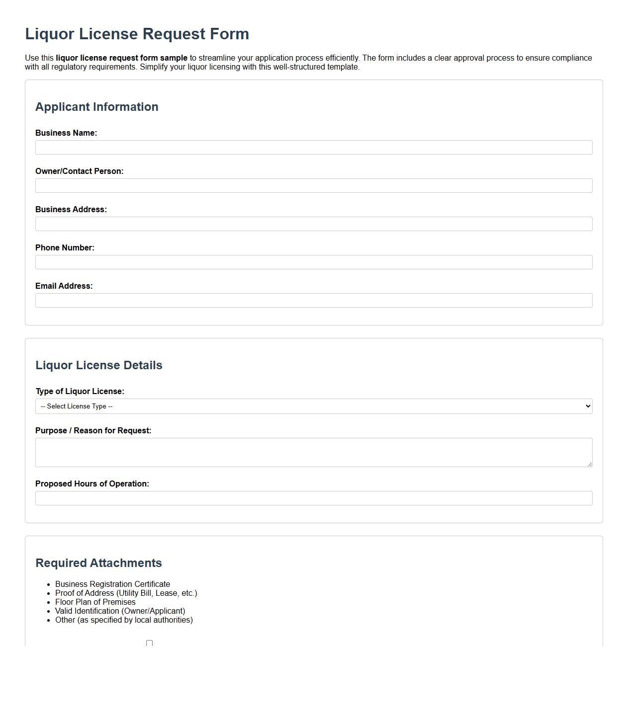 Liquor license request form sample with approval process image preview