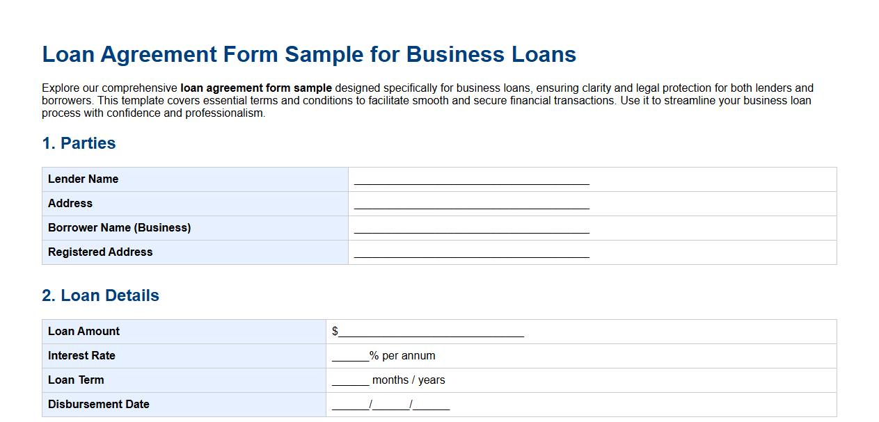 Loan agreement form sample for business loans image preview