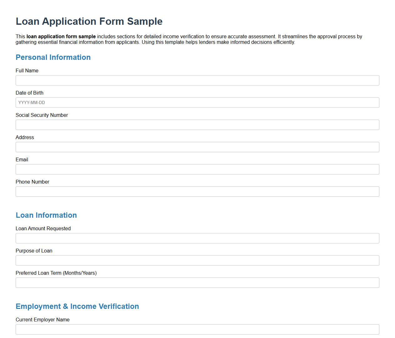 Loan application form sample with income verification image preview