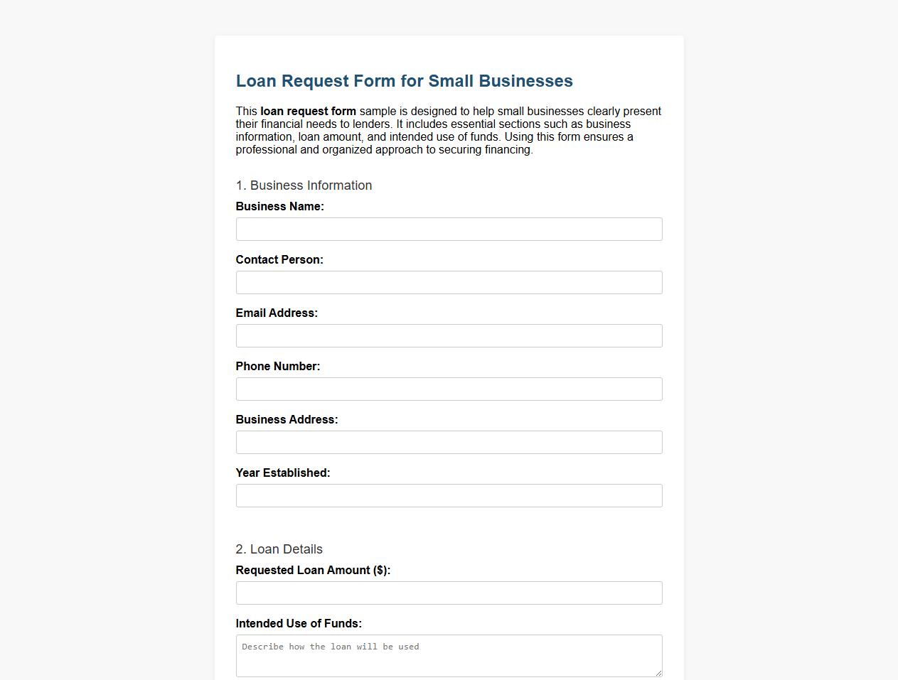 Loan request form sample for small businesses image preview