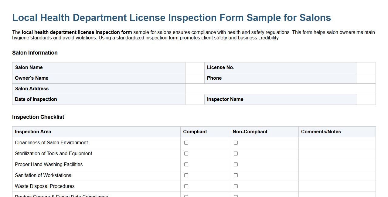 Local health department license inspection form sample for salons image preview
