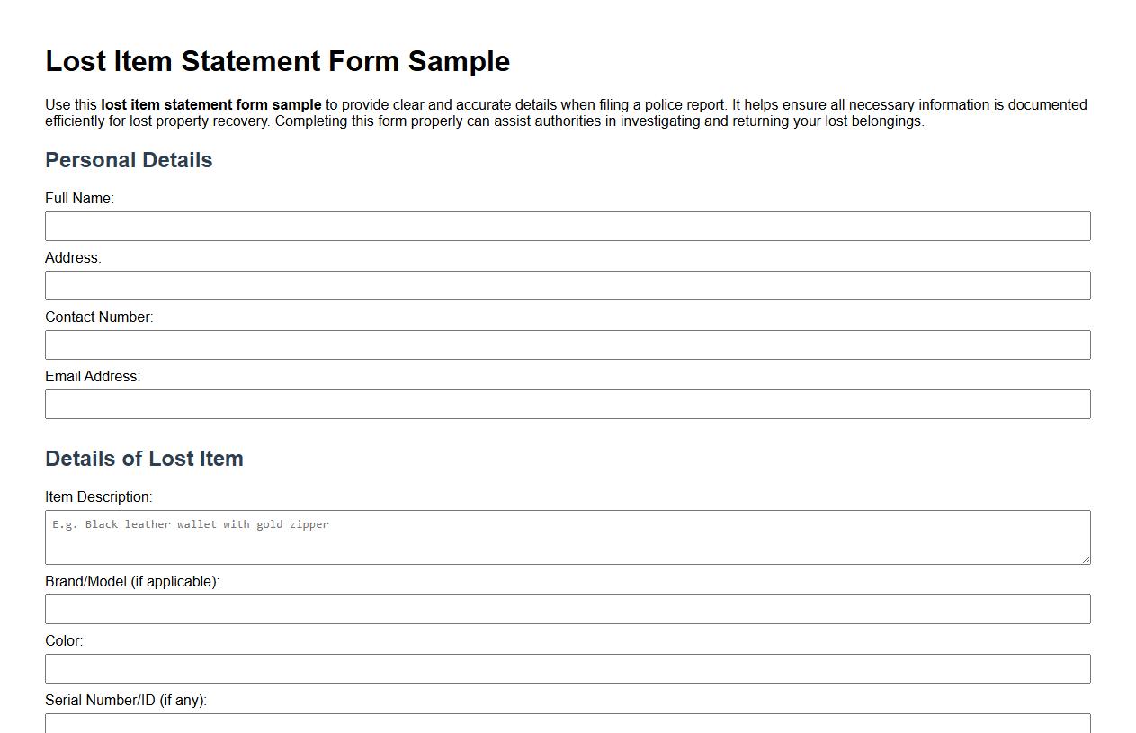 lost item statement form sample for police report image preview
