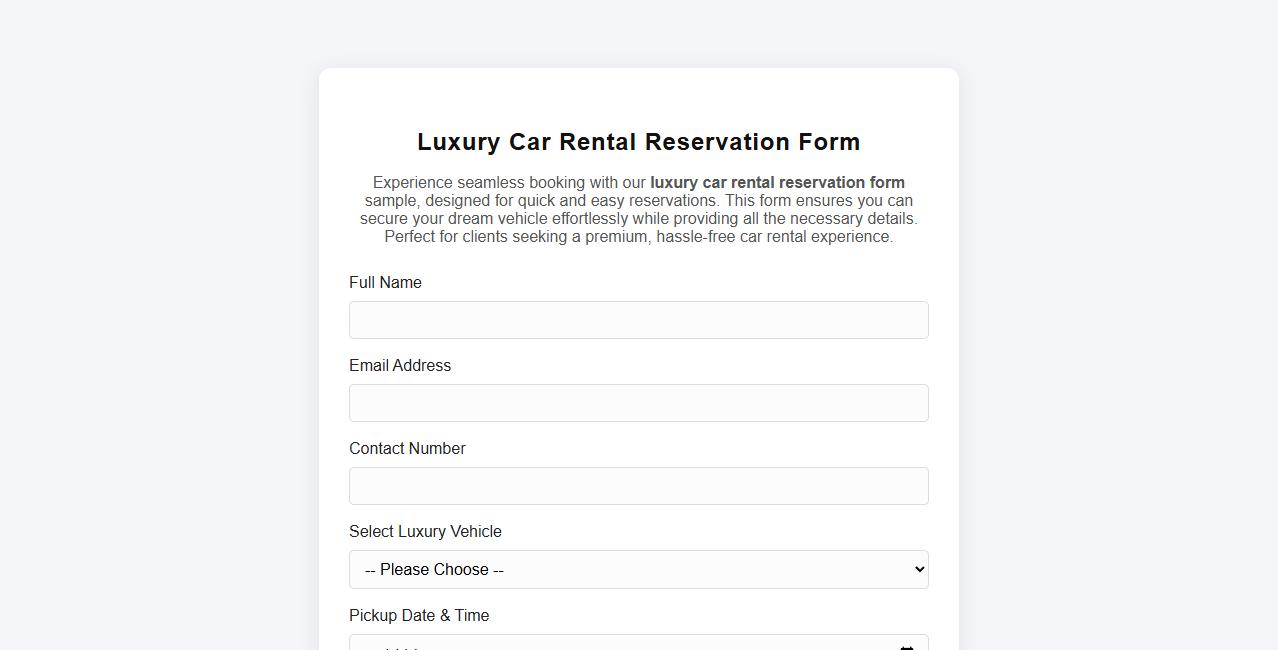luxury car rental reservation form sample image preview