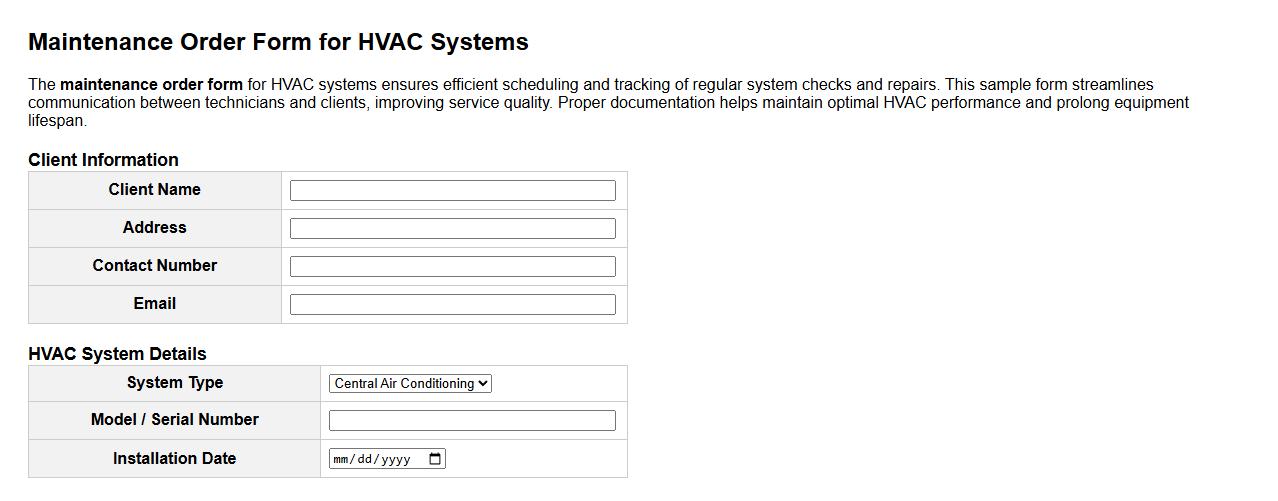 Maintenance order form sample for HVAC systems image preview