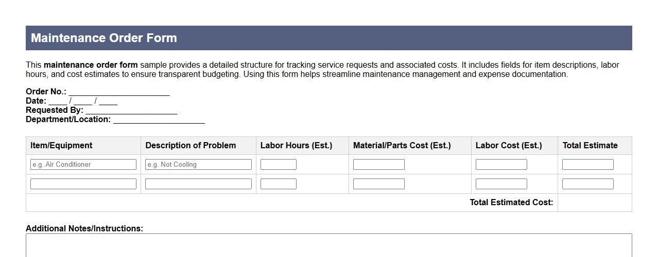 Maintenance order form sample including cost estimate image preview