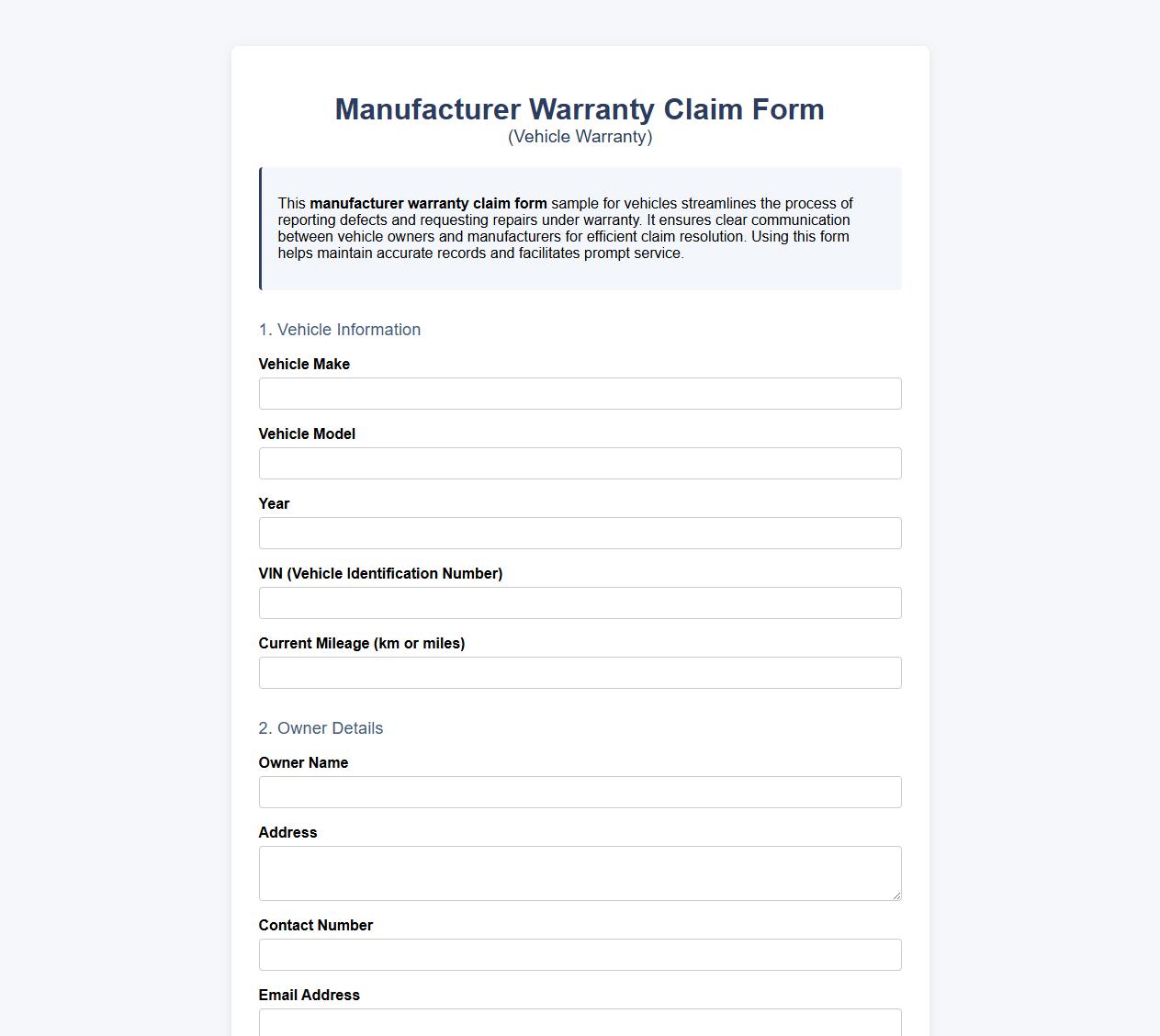 Manufacturer warranty claim form sample for vehicles image preview