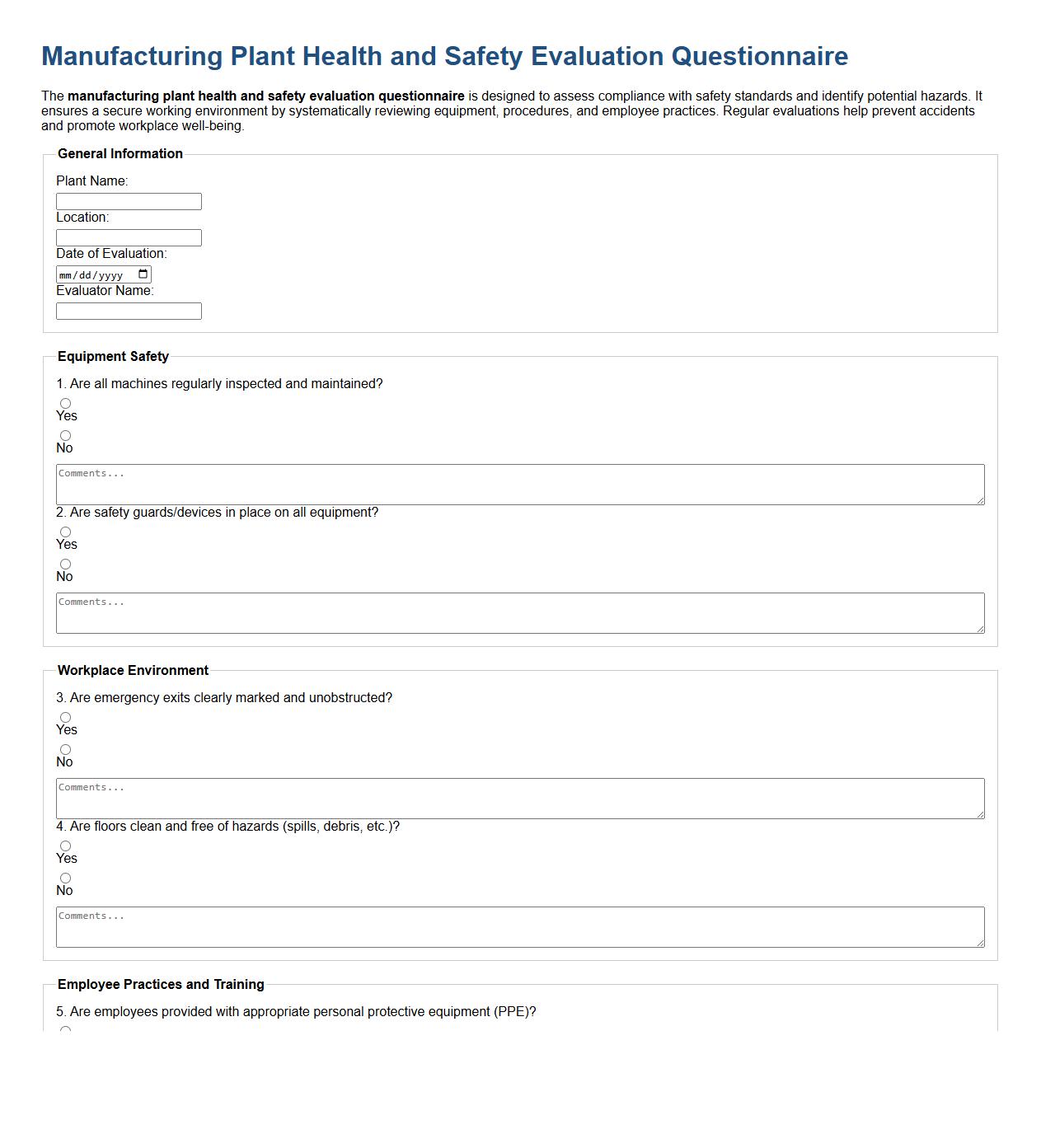 manufacturing plant health and safety evaluation questionnaire image preview