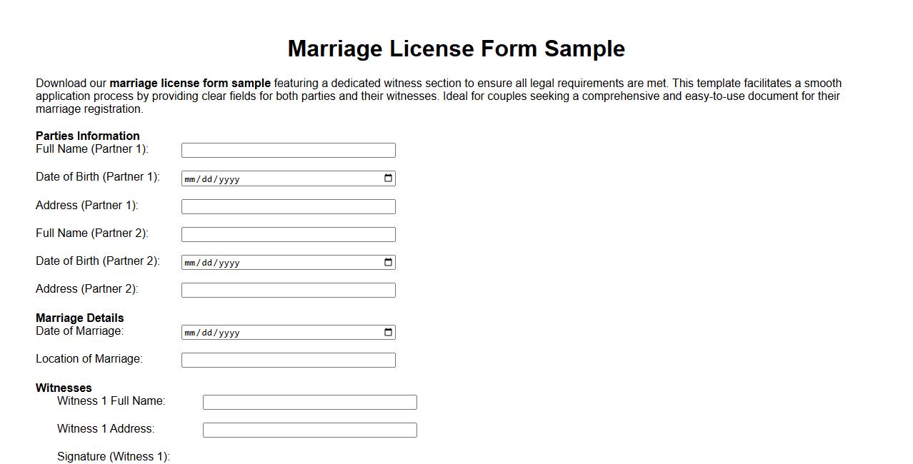 Marriage license form sample with witness section image preview