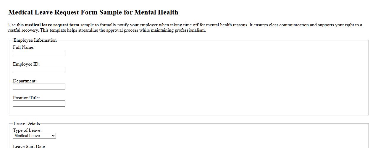 Medical leave request form sample for mental health image preview