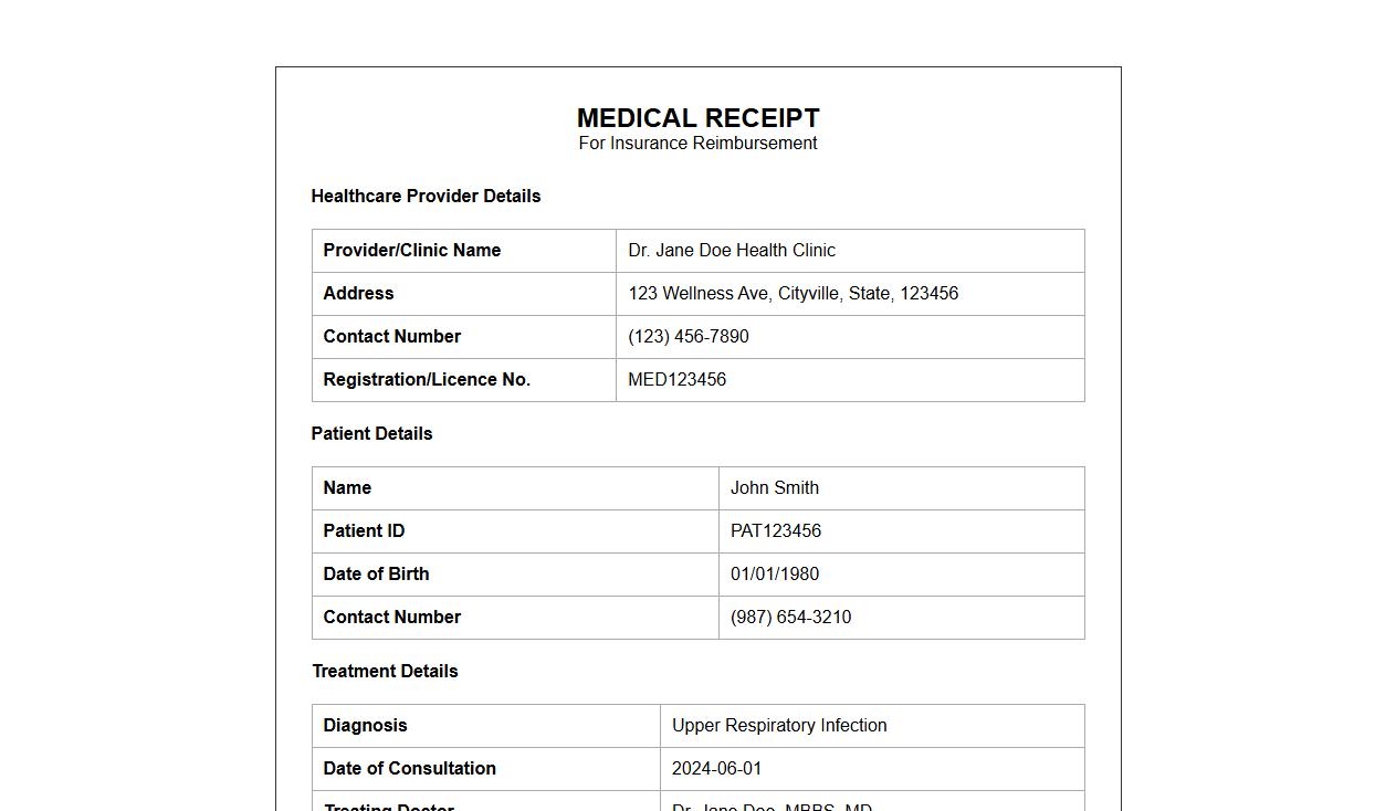 medical receipt format for insurance reimbursement image preview