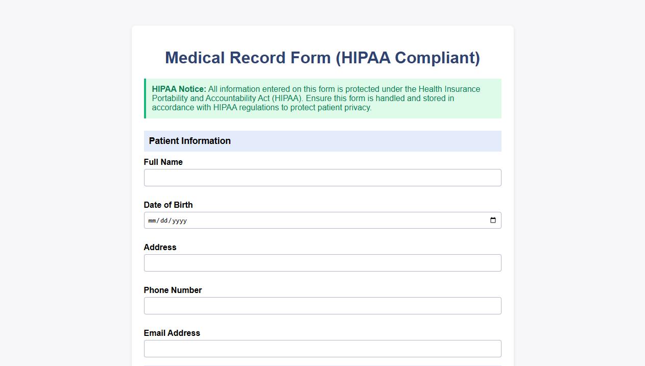 Medical record form sample with HIPAA compliance image preview