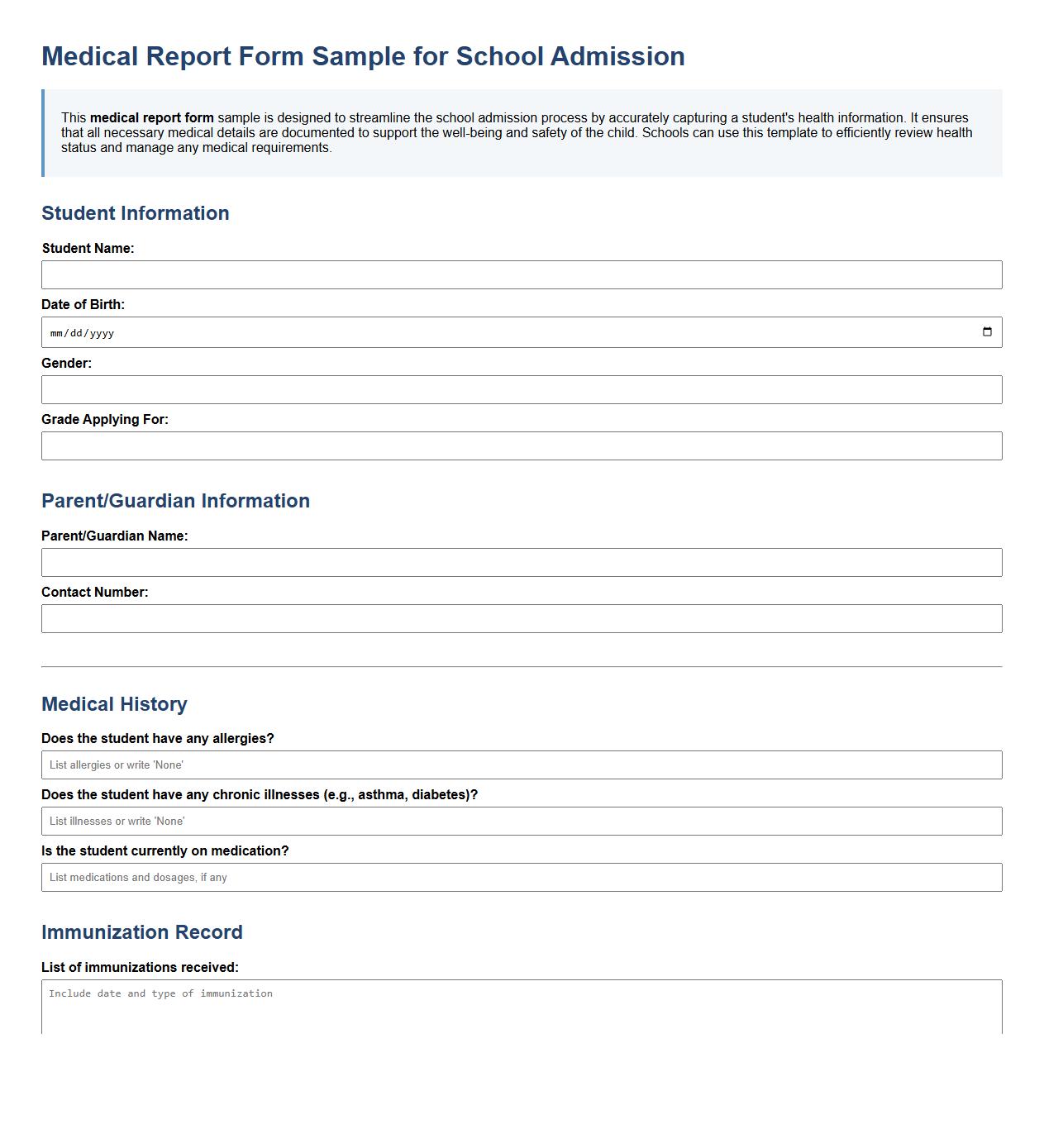 Medical report form sample for school admission image preview