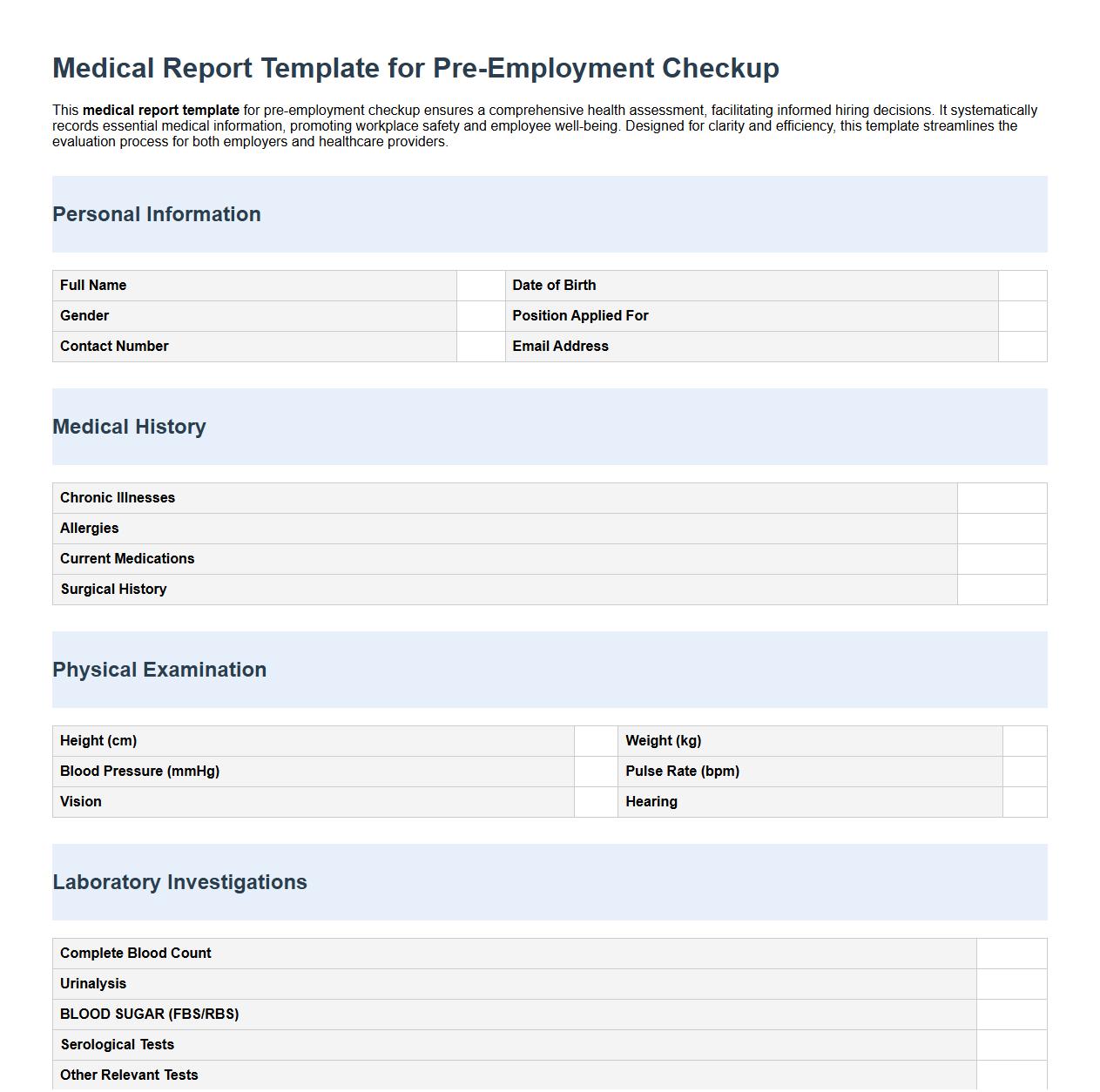 Medical report template for pre-employment checkup image preview