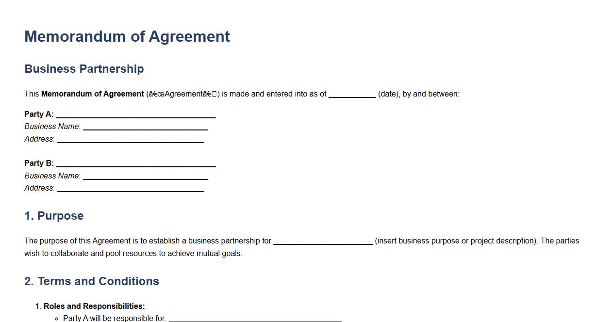 Memorandum of agreement form sample for business partnership image preview