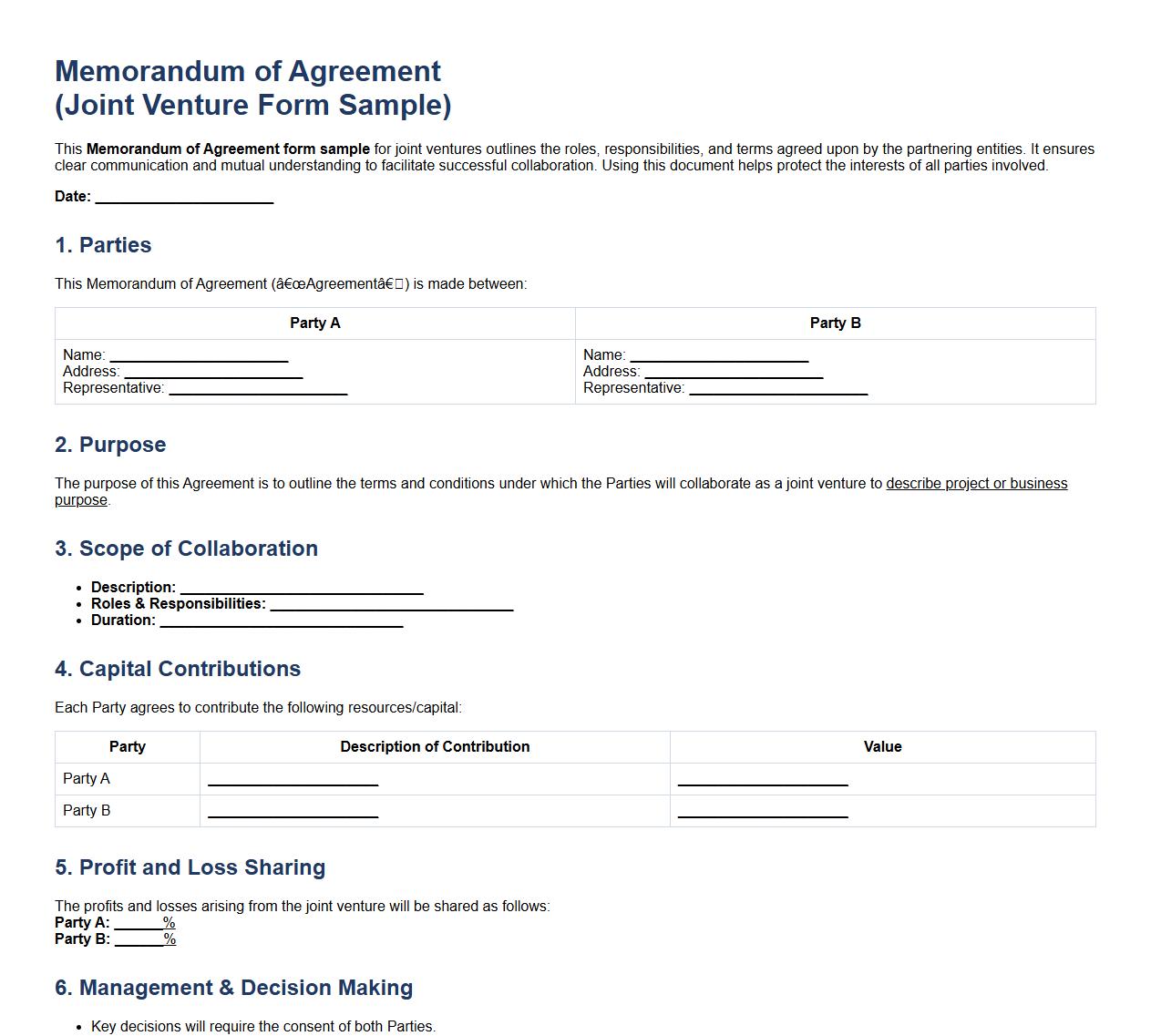Memorandum of agreement form sample for joint venture image preview